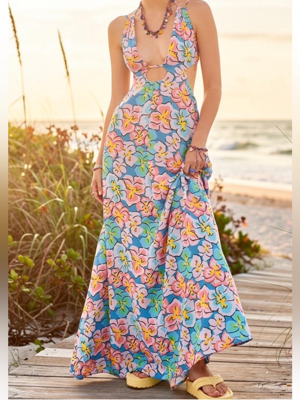 NEW! For Love & Lemons Yasmin Floral Maxi Dress Blue Pink Cut Out Size M